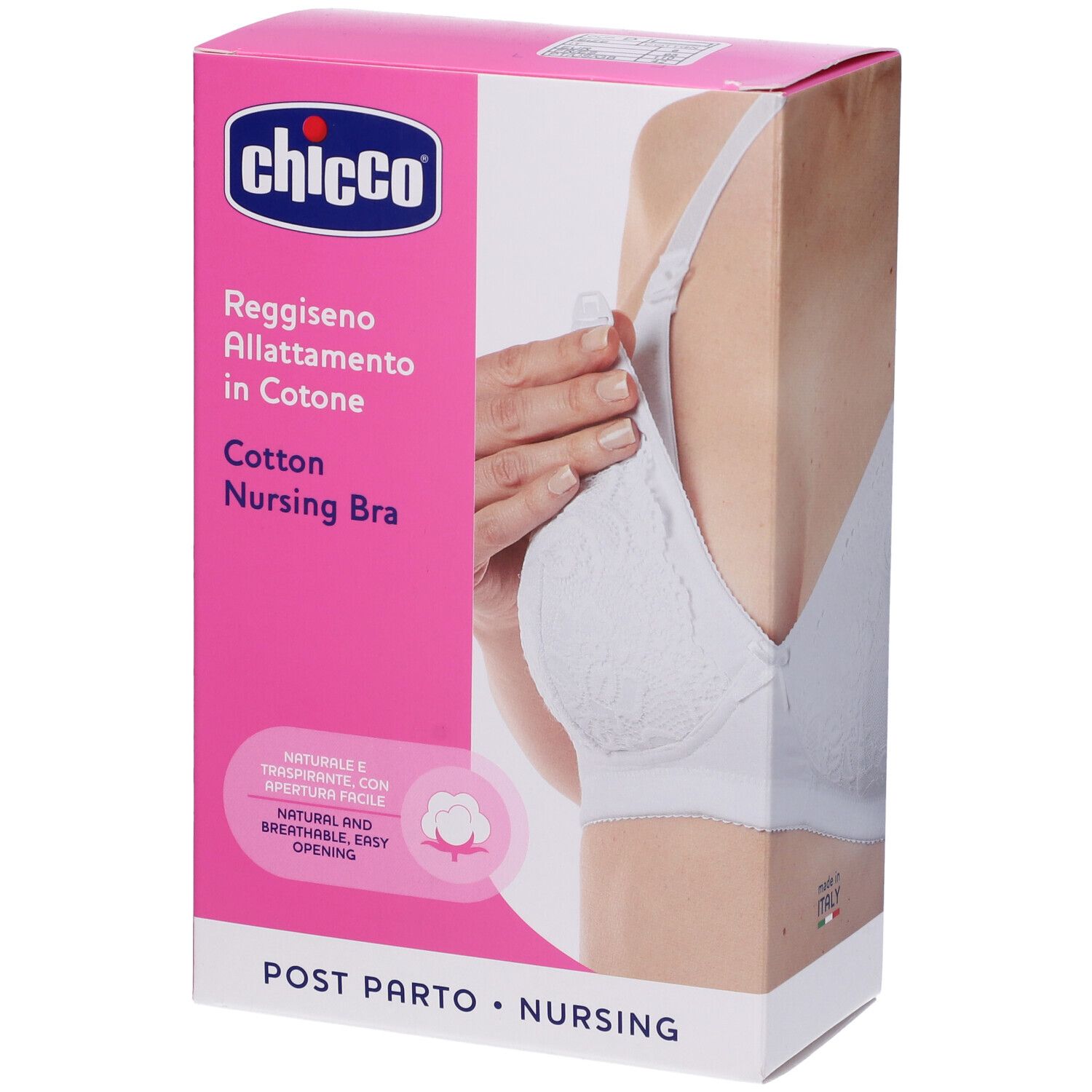 Scatola rosa con reggiseno allattamento bianco. Testo: Chicco, Reggiseno Allattamento in Cotone, Cotton Nursing Bra. Simbolo cotone.