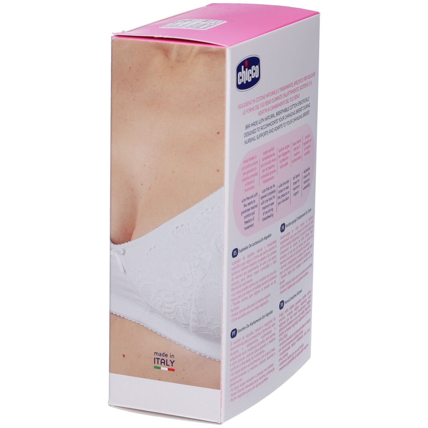 Scatola rosa con reggiseno allattamento bianco. Testo: Chicco, Reggiseno Allattamento in Cotone, Cotton Nursing Bra. Fatto in Italia.