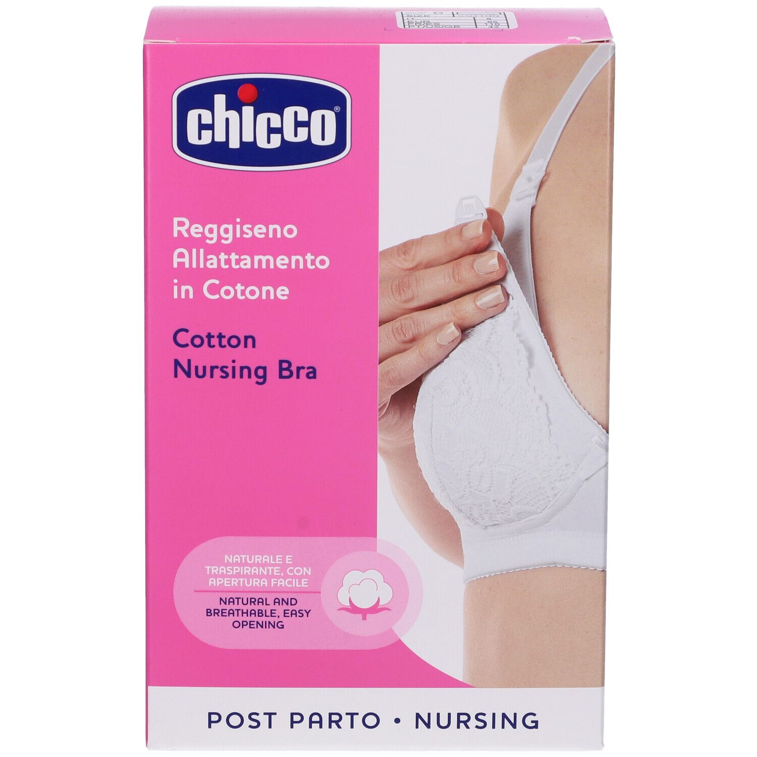 Scatola rosa con reggiseno allattamento bianco. Testo: Chicco, Reggiseno Allattamento in Cotone, Cotton Nursing Bra. Simbolo cotone.
