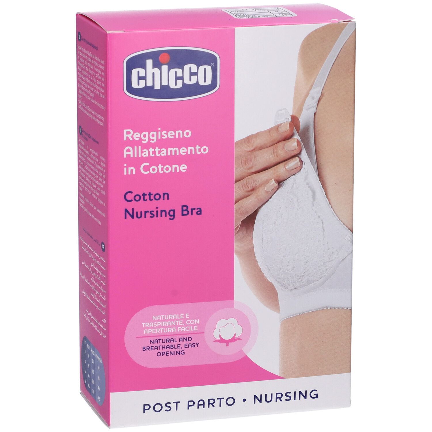 Scatola rosa con reggiseno allattamento bianco. Testo: Chicco, Reggiseno Allattamento in Cotone, Cotton Nursing Bra. Simbolo cotone.