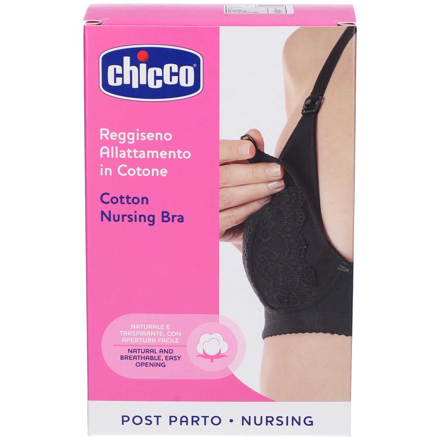 Rosa Verpackung mit schwarzem Still-BH. Marke Chicco. Text: Reggiseno Allattamento in Cotone, Cotton Nursing Bra.