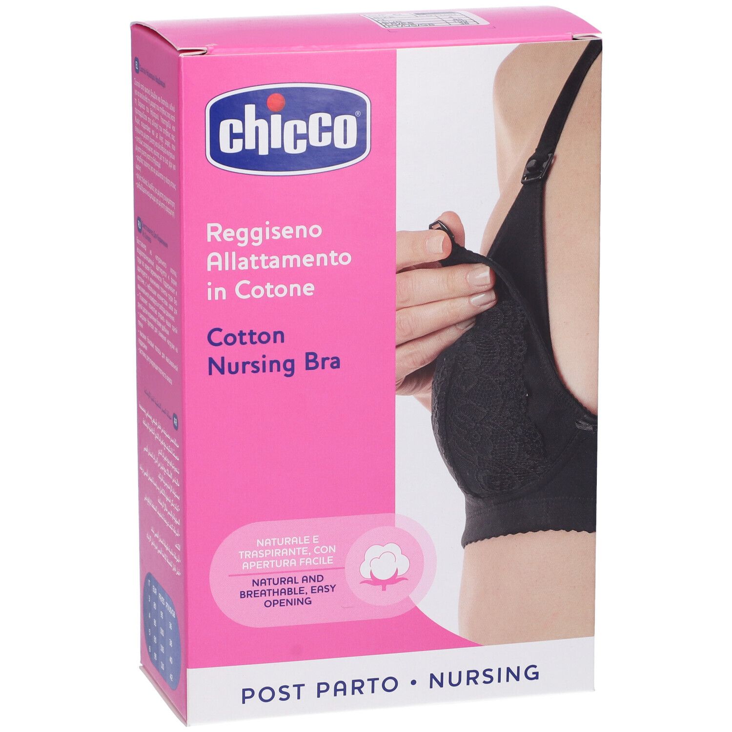 Rosa Verpackung mit schwarzem Still-BH. Marke Chicco. Text: Reggiseno Allattamento in Cotone, Cotton Nursing Bra.