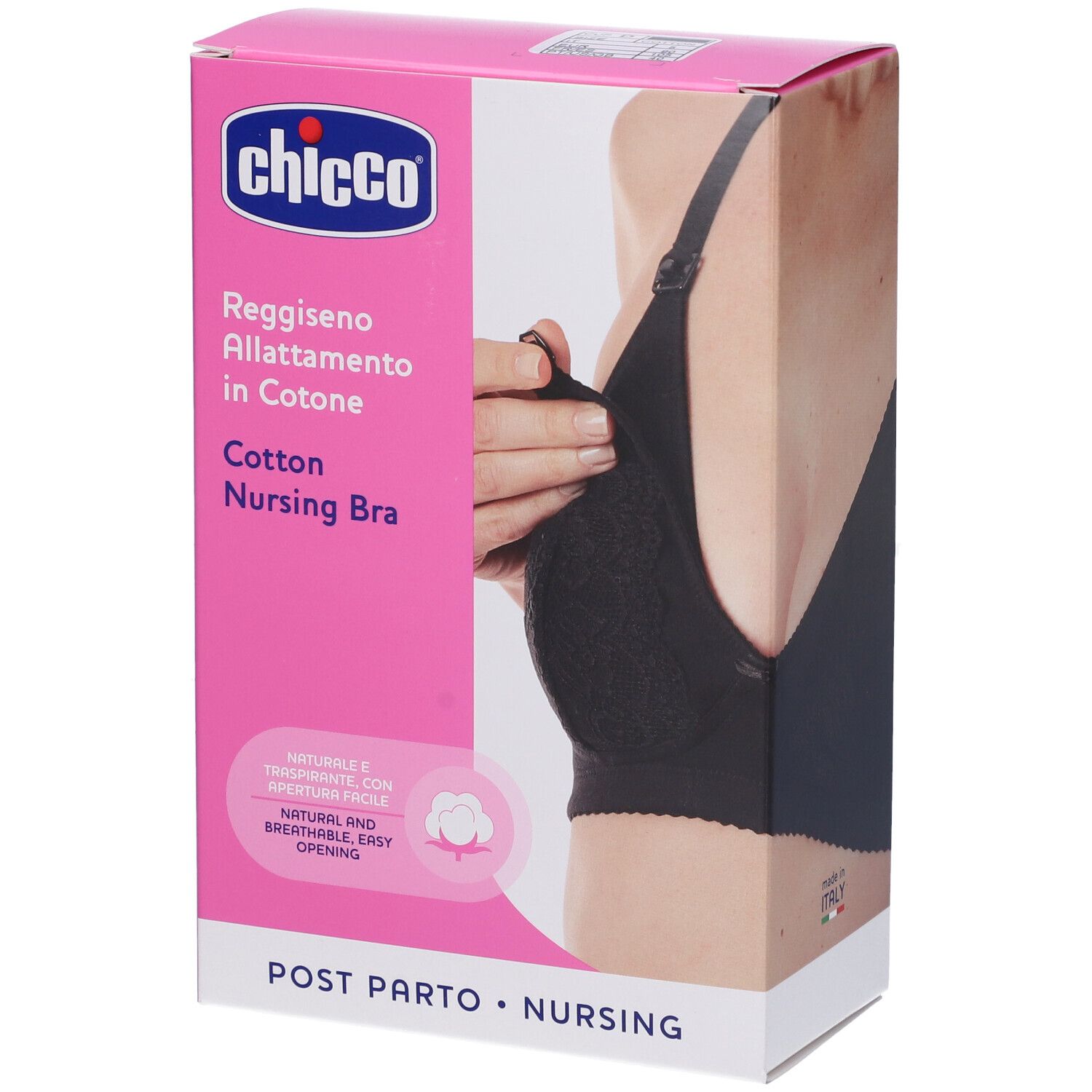Confezione nera Chicco. Scritta: Reggiseno Allattamento in Cotone, Cotton Nursing Bra. Immagine di donna con reggiseno.