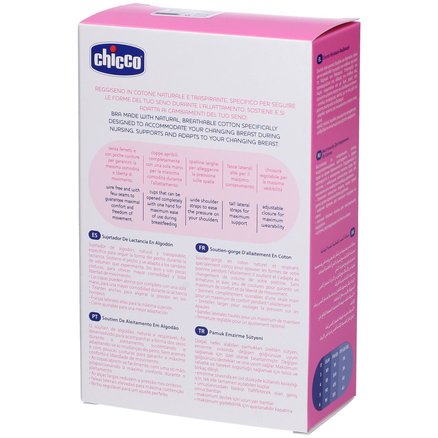 Retro confezione Chicco. Testo multilingue. Colori rosa e bianco. Caratteristiche del prodotto.
