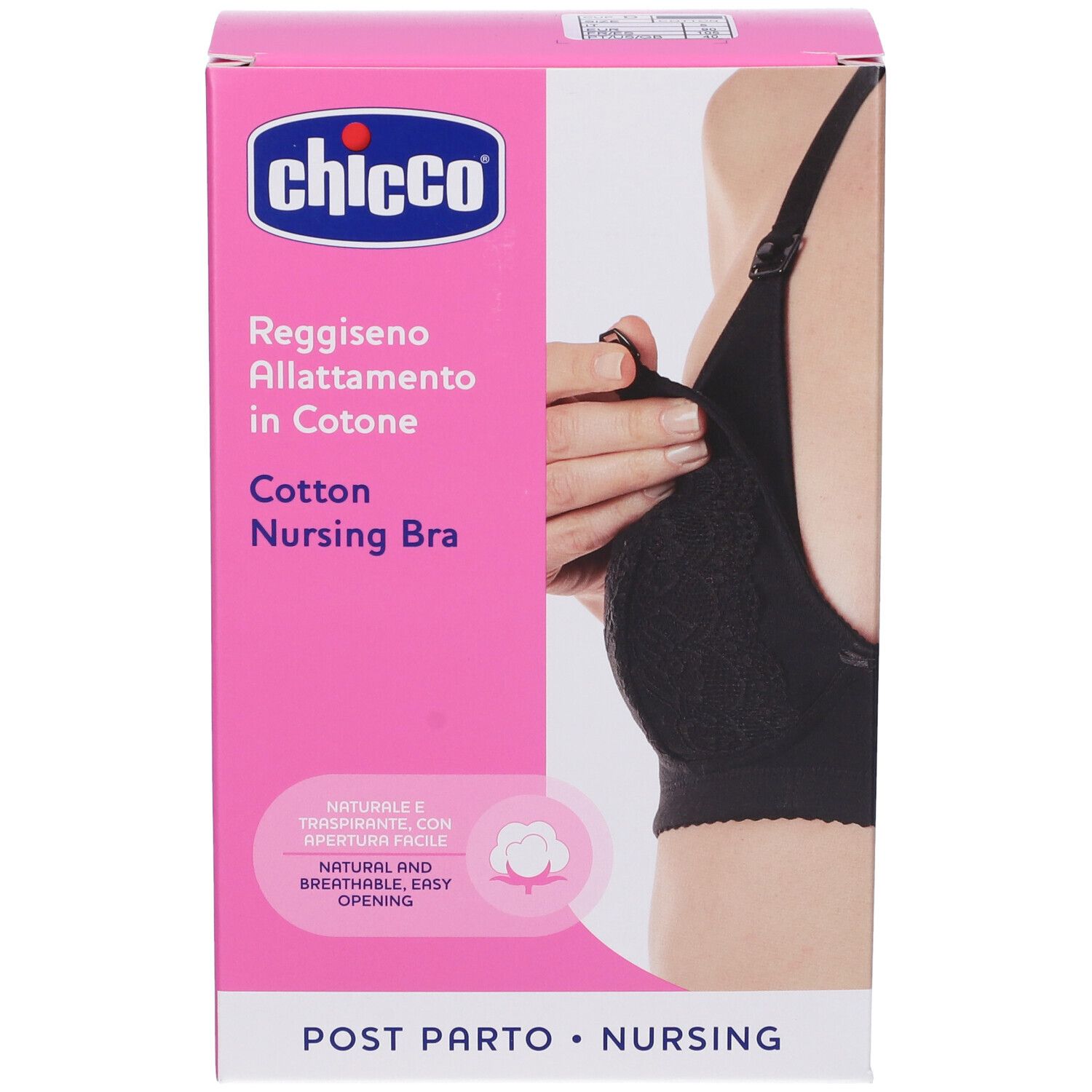 Confezione Chicco. Scritta: Reggiseno Allattamento in Cotone, Cotton Nursing Bra. Immagine di donna con reggiseno.