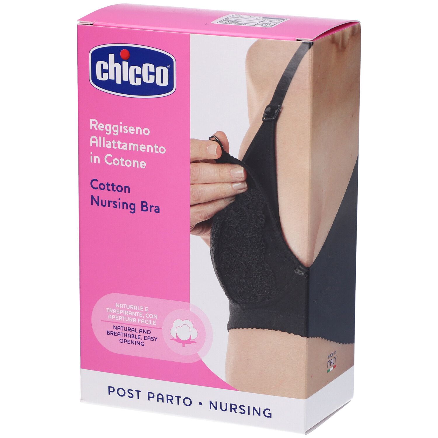 Confezione rosa e bianca. Mostra un reggiseno allattamento nero. Marchio Chicco. Testo: Reggiseno Allattamento in Cotone, Cotton Nursing Bra.