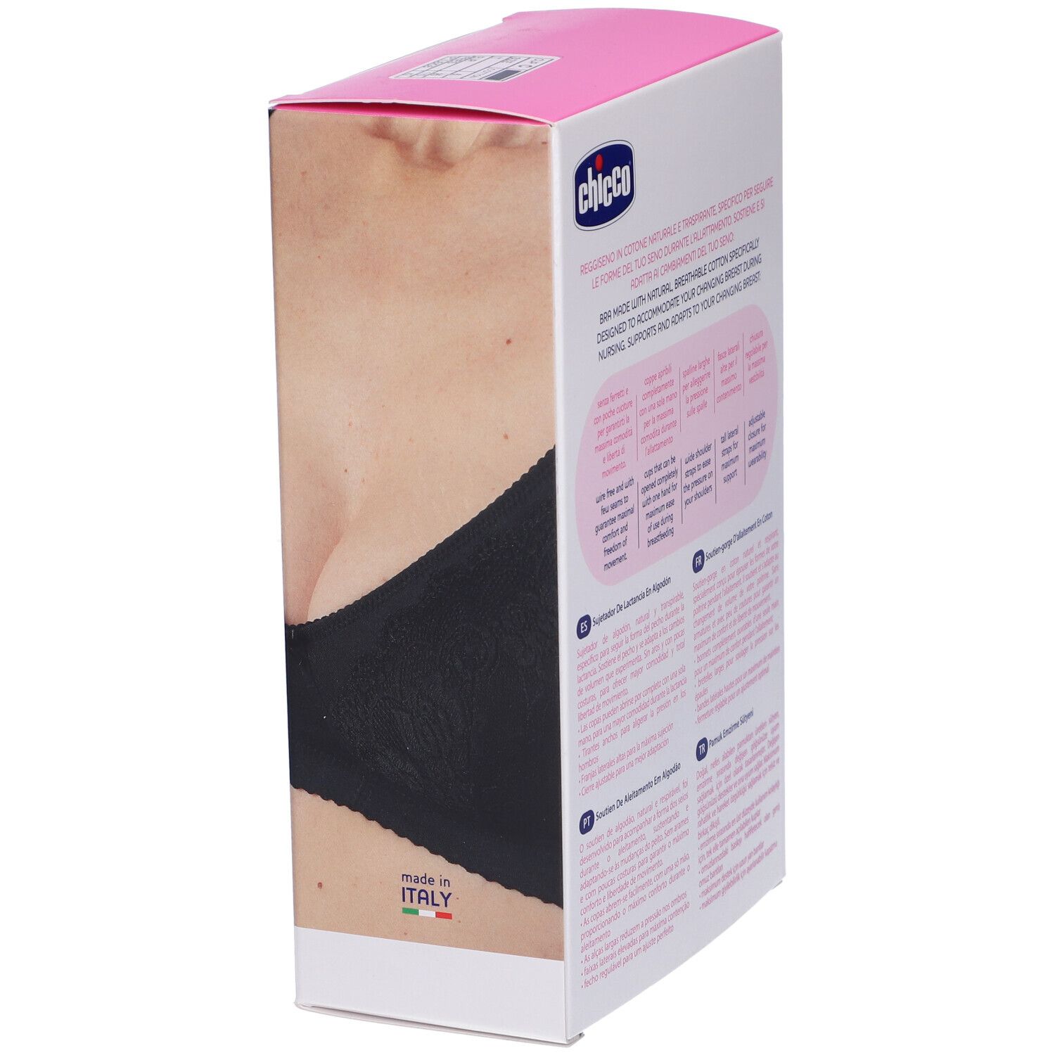 Confezione, mostra un reggiseno allattamento nero. Marchio Chicco. Testo: Reggiseno Allattamento in Cotone. Prodotto in Italia.