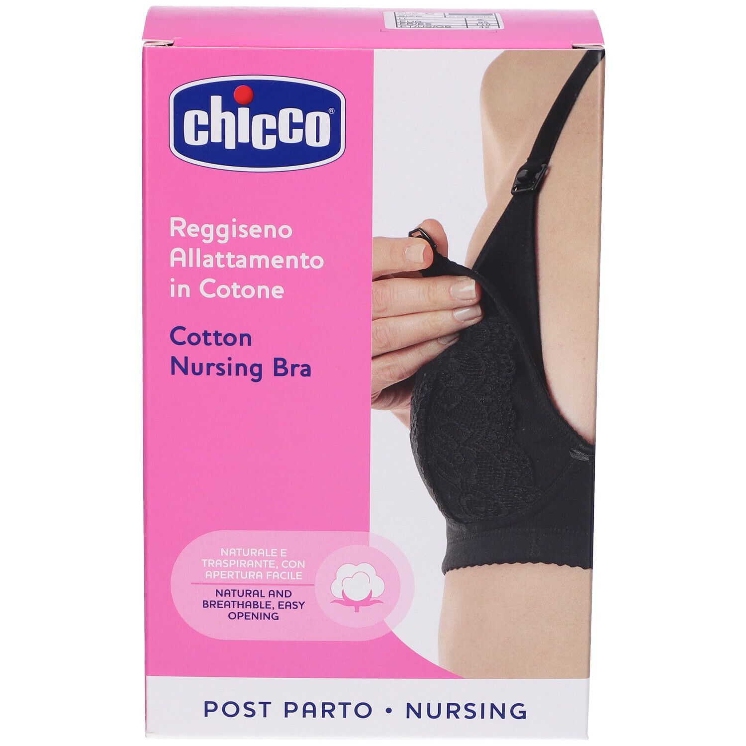 Confezione, mostra un reggiseno allattamento nero. Marchio Chicco. Testo: Reggiseno Allattamento in Cotone, Cotton Nursing Bra.