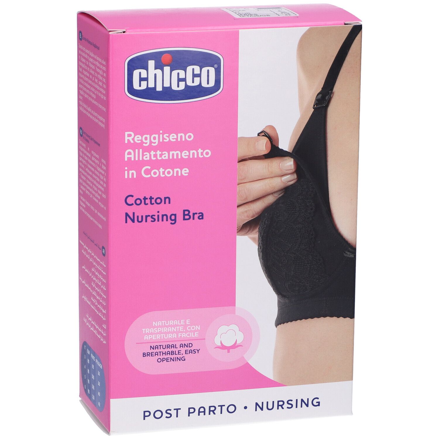 Confezione, mostra un reggiseno allattamento nero. Marchio Chicco. Testo: Reggiseno Allattamento in Cotone, Cotton Nursing Bra.