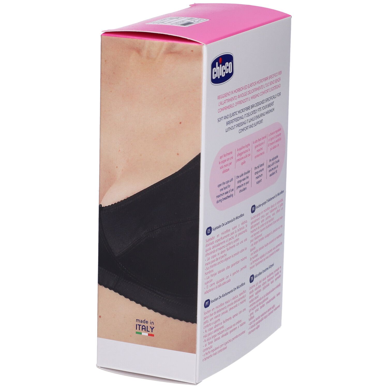 Seite der Verpackung des Still-BHs. Marke Chicco. Text: Made in Italy. Rosa Hintergrund.