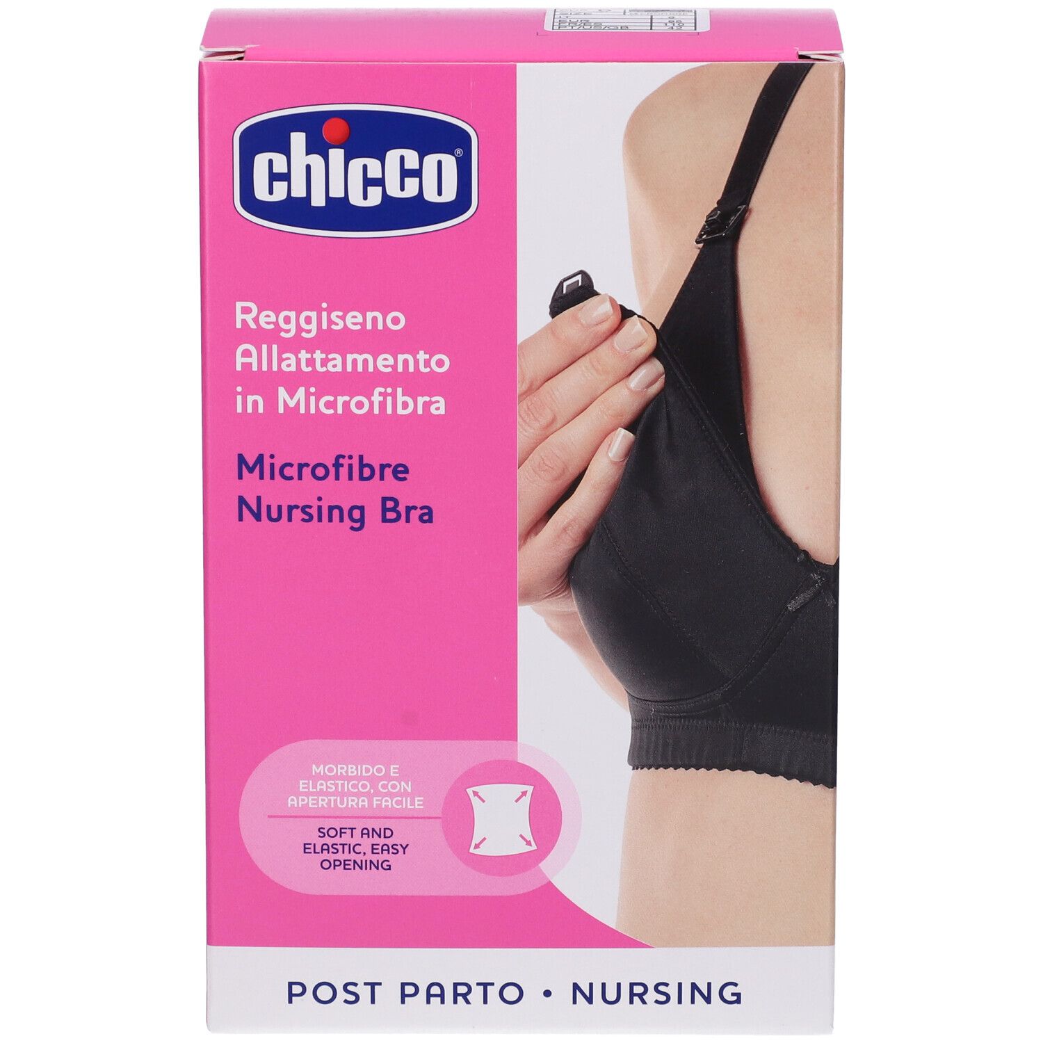 Verpackung des Still-BHs. Marke Chicco. Text: Reggiseno Allattamento in Microfibra. Weicher, elastischer Stoff mit leichtem Öffnen.
