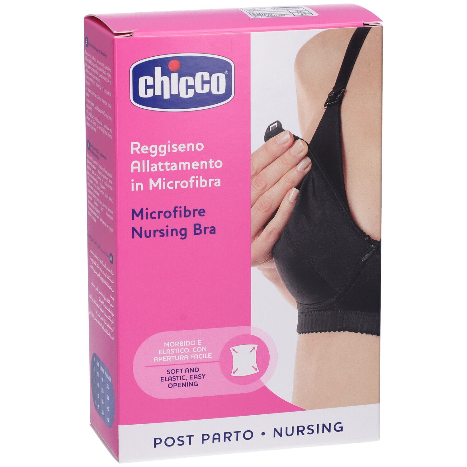 Verpackung des Still-BHs. Marke Chicco. Text: Reggiseno Allattamento in Microfibra. Weicher, elastischer Stoff mit leichtem Öffnen.