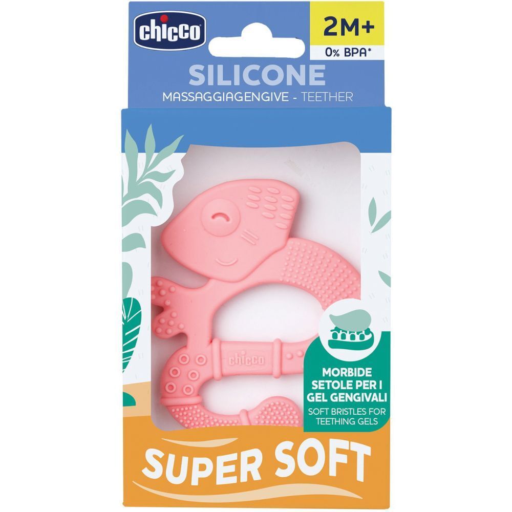 Massaggiagengive rosa in silicone, confezionato. Forma di iguana. Testo: 2M+, 0% BPA, Super Soft, setole morbide.