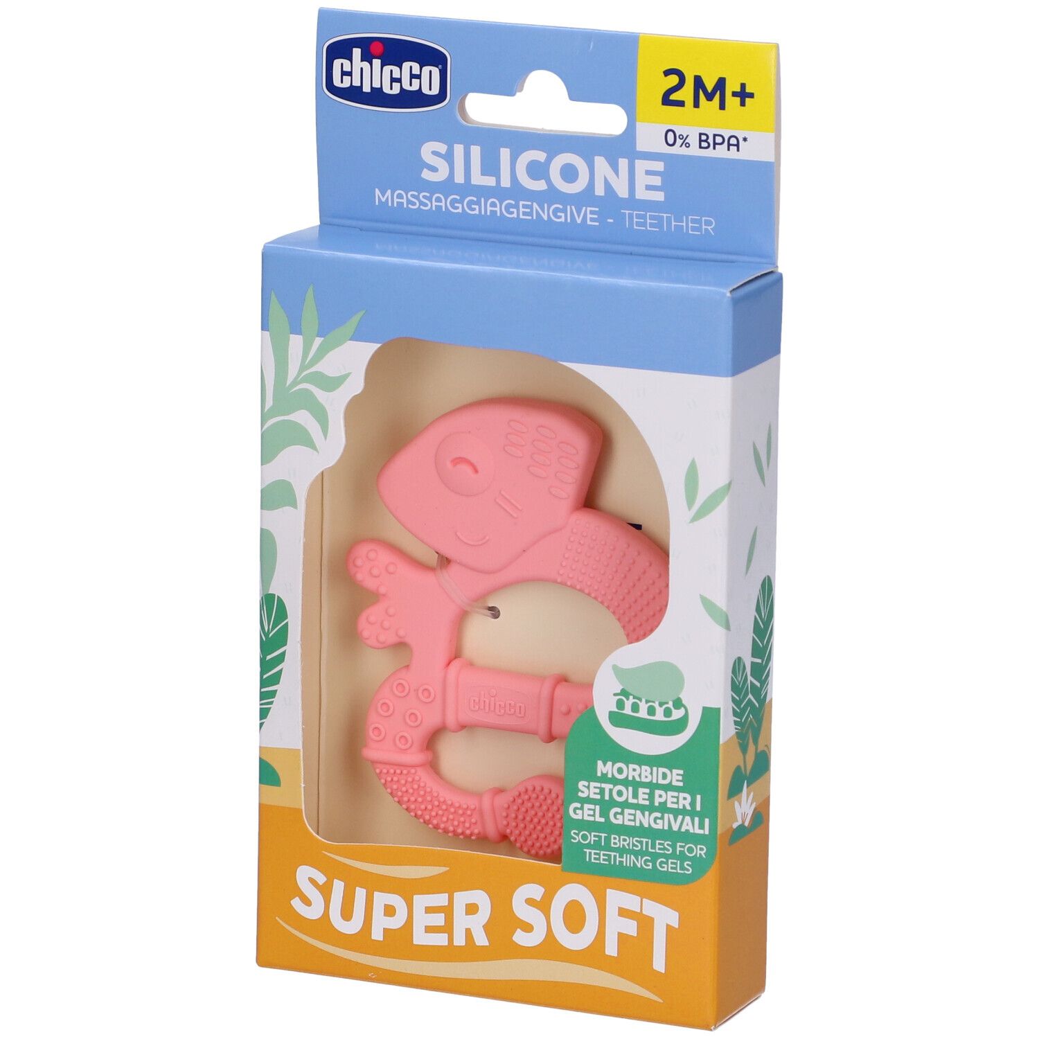 Massaggiagengive rosa in silicone, confezionato. Forma di iguana. Testo: 2M+, 0% BPA, Super Soft, setole morbide.