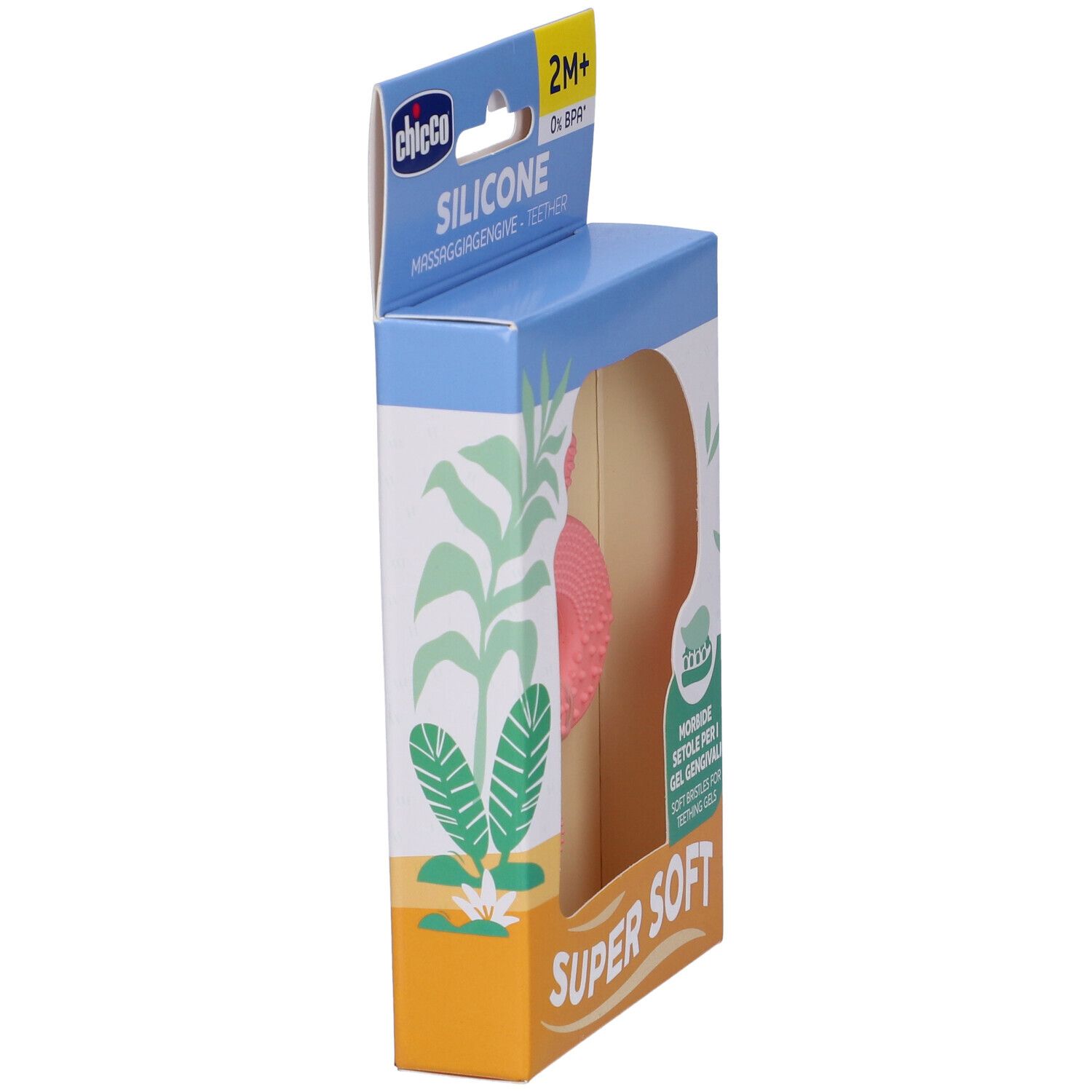 Confezione massaggiagengive. Testo: 2M+, 0% BPA, setole morbide, Chicco. Retro con testo e logo.
