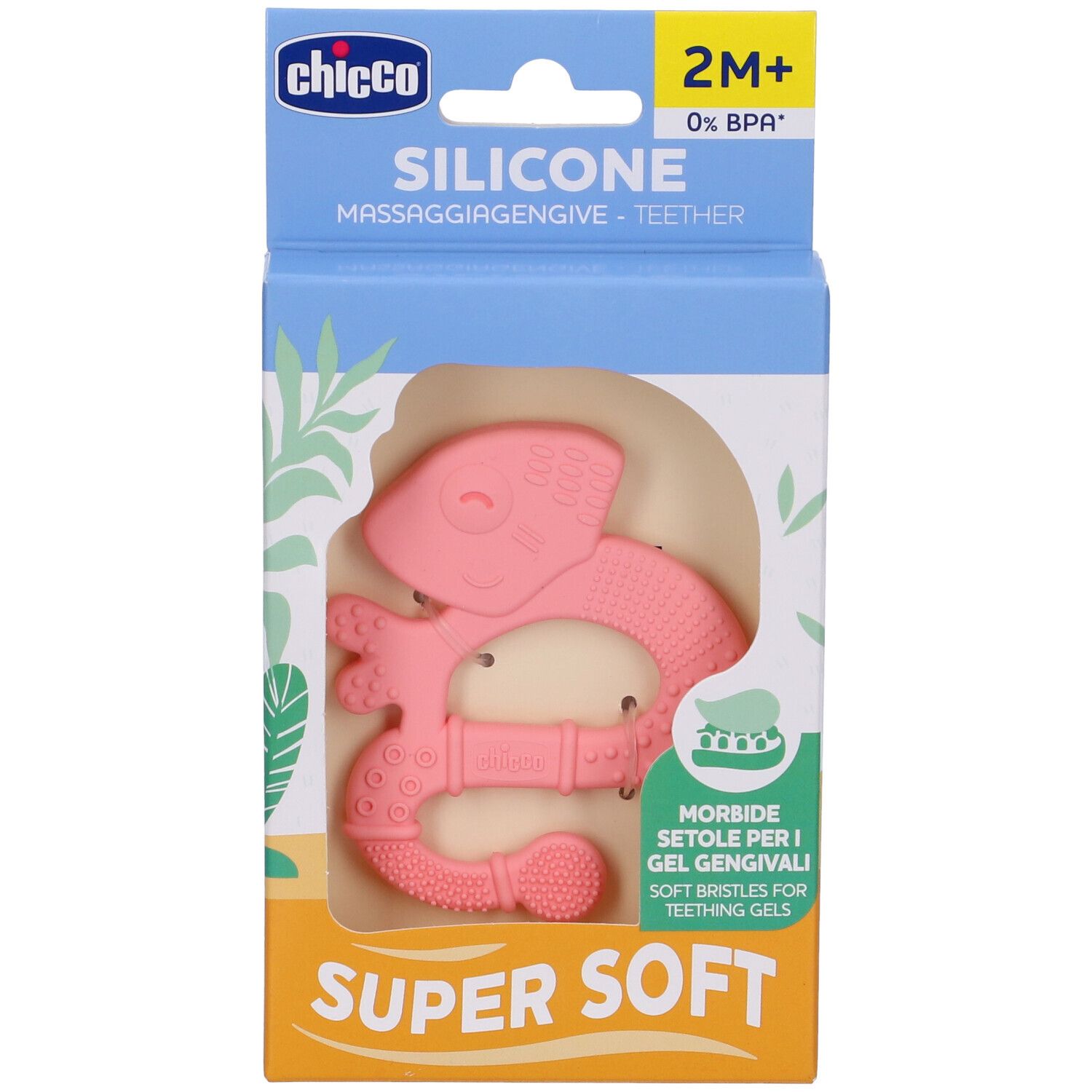 Massaggiagengive rosa in silicone, confezionato. Forma di iguana. Testo: 2M+, 0% BPA, Super Soft, setole morbide.