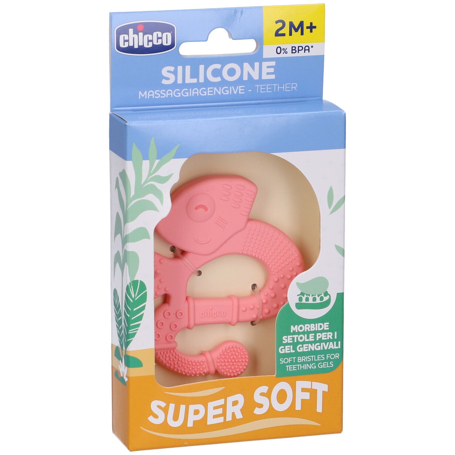 Massaggiagengive rosa in silicone, confezionato. Forma di iguana. Testo: 2M+, 0% BPA, Super Soft, setole morbide.