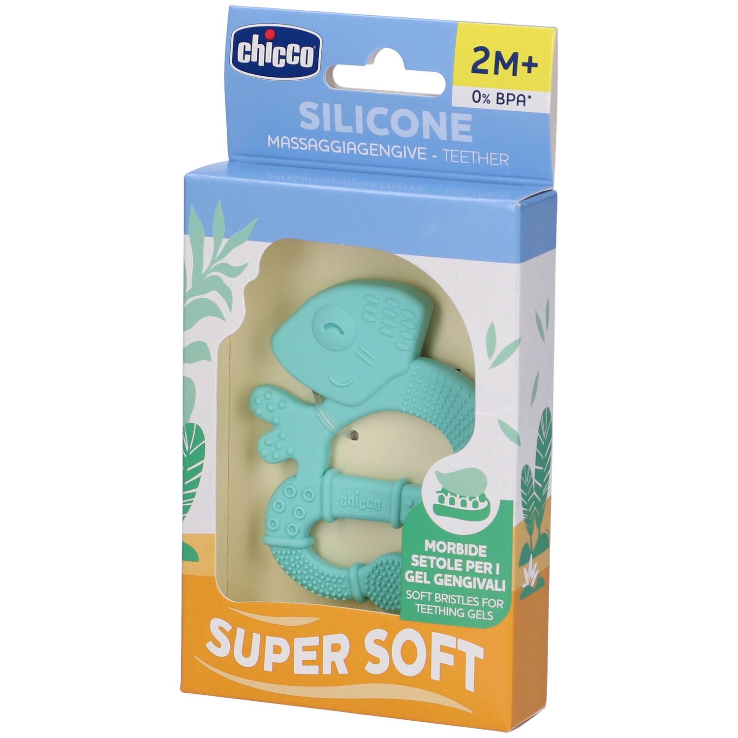 Chicco Massaggia Dentaruolo Boy 2M+ in confezione. Massaggiagengive in silicone turchese a forma di animale. Confezione con informazioni sul prodotto.
