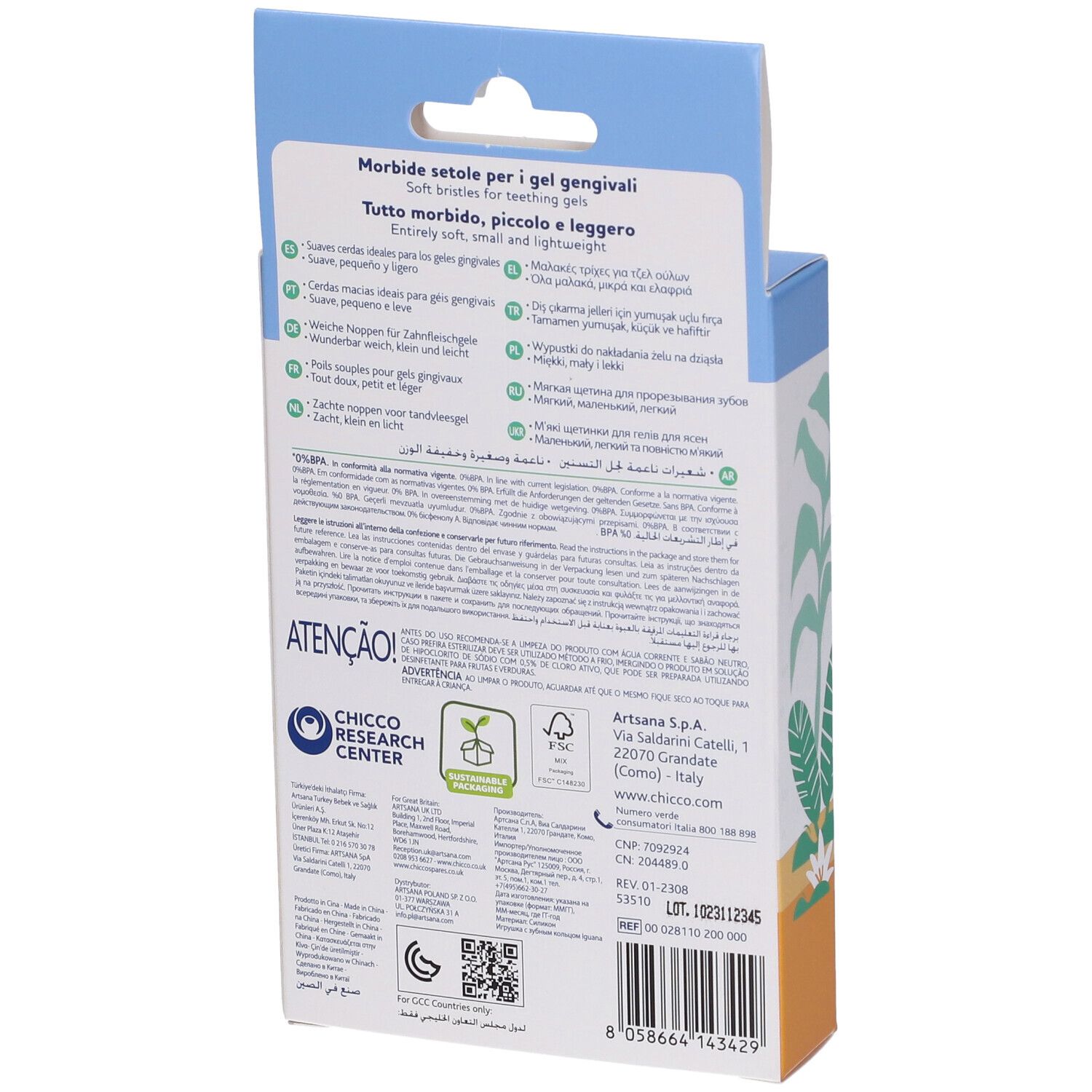 Retro della confezione Chicco Massaggia Dentaruolo Boy 2M+. Informazioni testuali multilingue. Informazioni produttore e codice a barre.