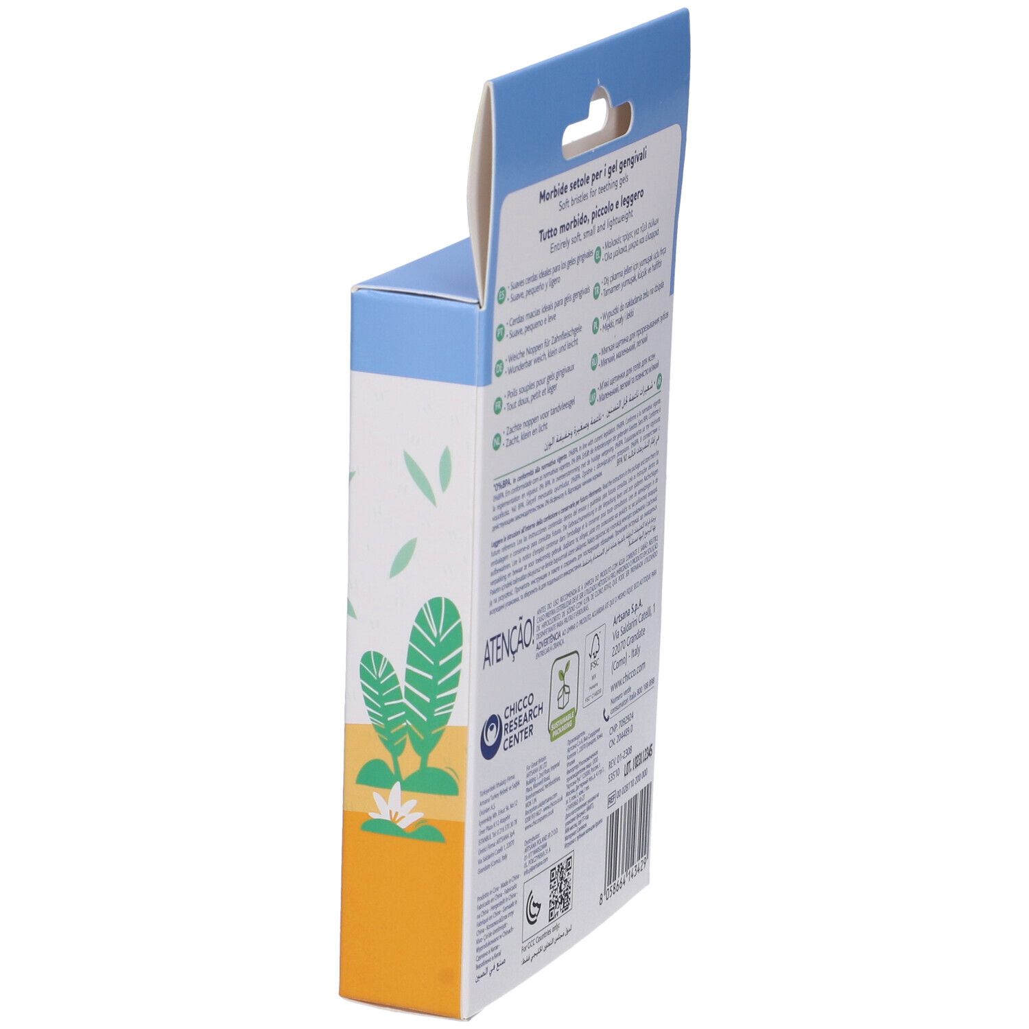 Vista laterale della confezione Chicco Massaggia Dentaruolo Boy 2M+. Informazioni testuali e logo del produttore. Confezione con gancio.