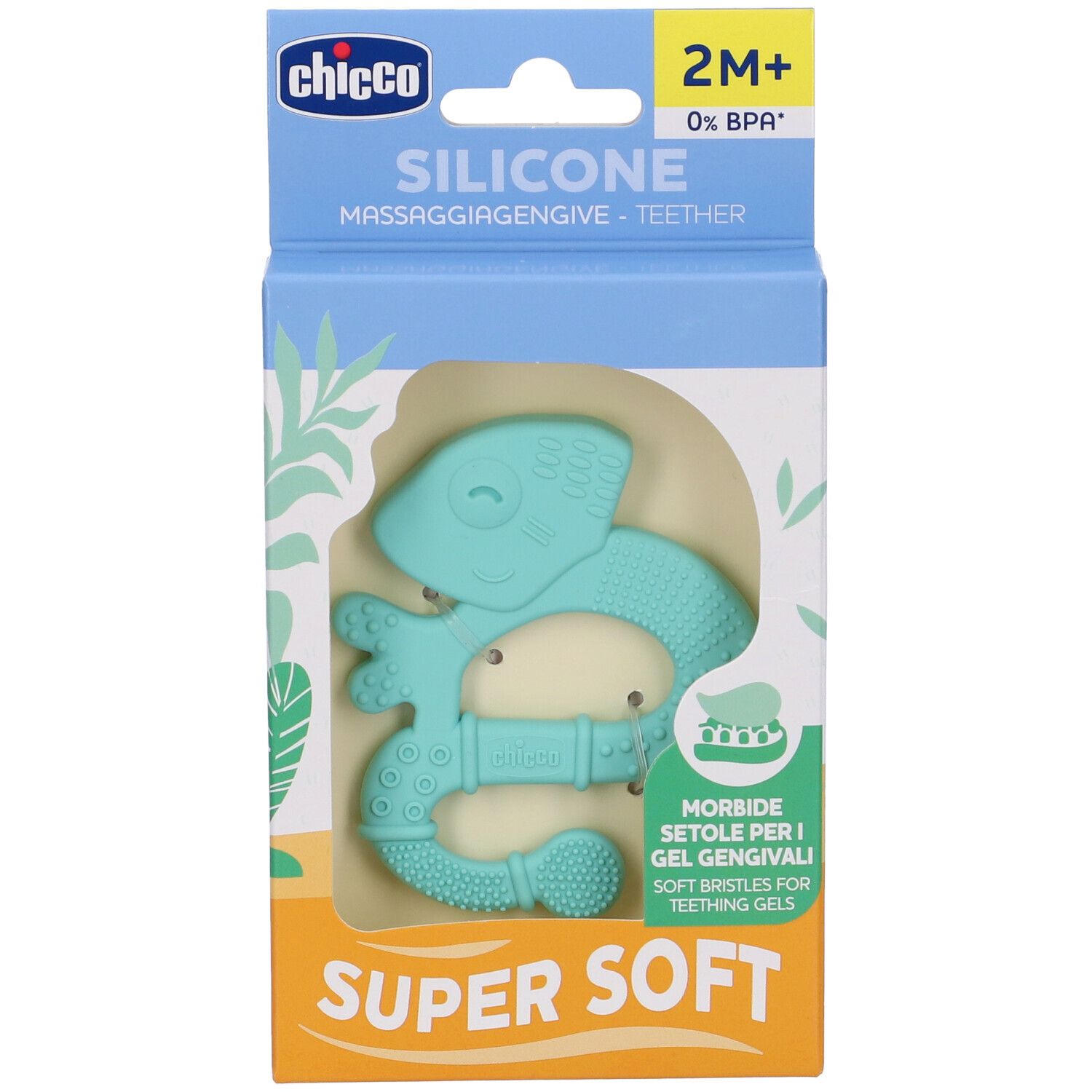 Chicco Massaggia Dentaruolo Boy 2M+ in confezione. Massaggiagengive in silicone turchese a forma di animale. Confezione con informazioni sul prodotto.