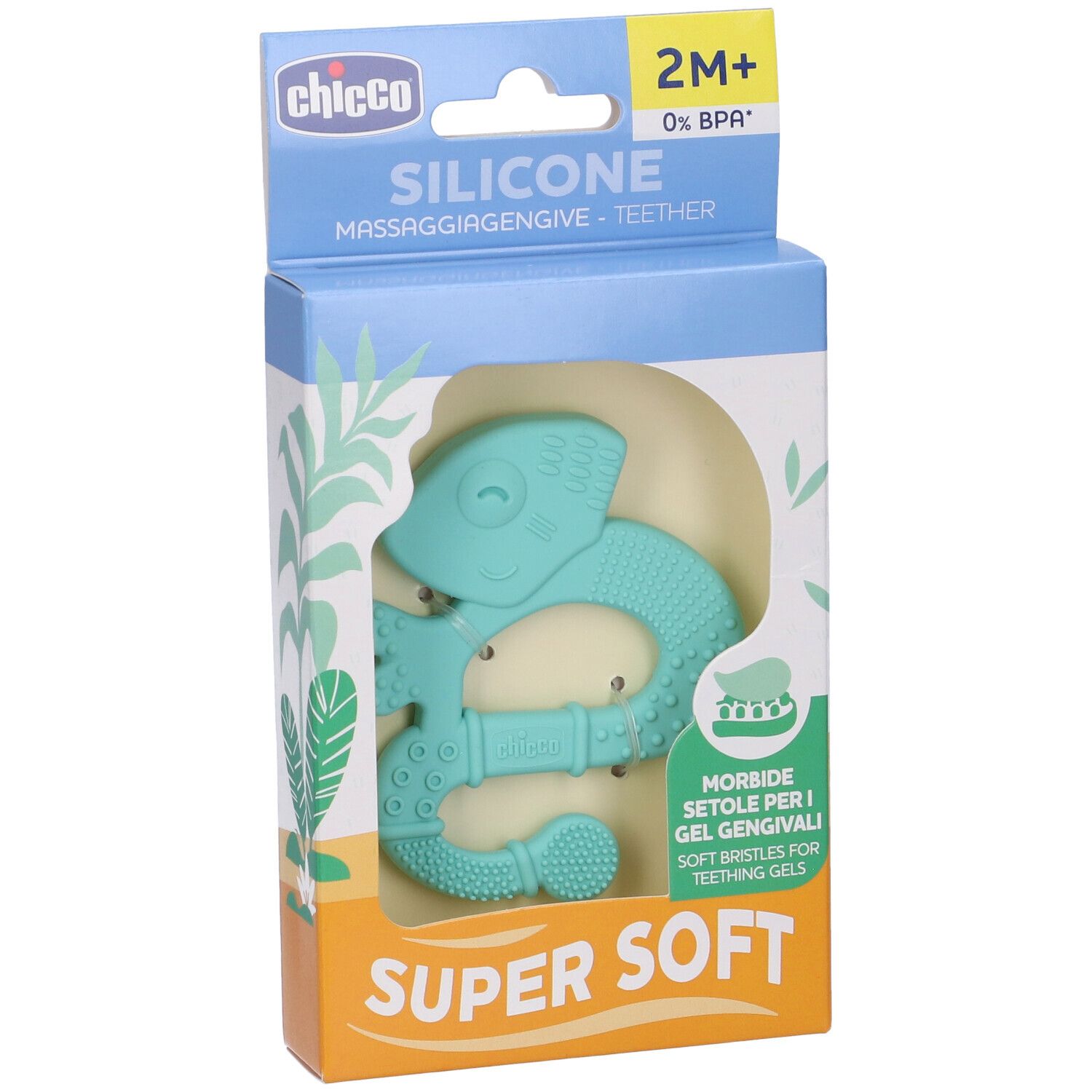 Chicco Massaggia Dentaruolo Boy 2M+ in confezione. Massaggiagengive in silicone turchese a forma di animale. Confezione con informazioni sul prodotto.