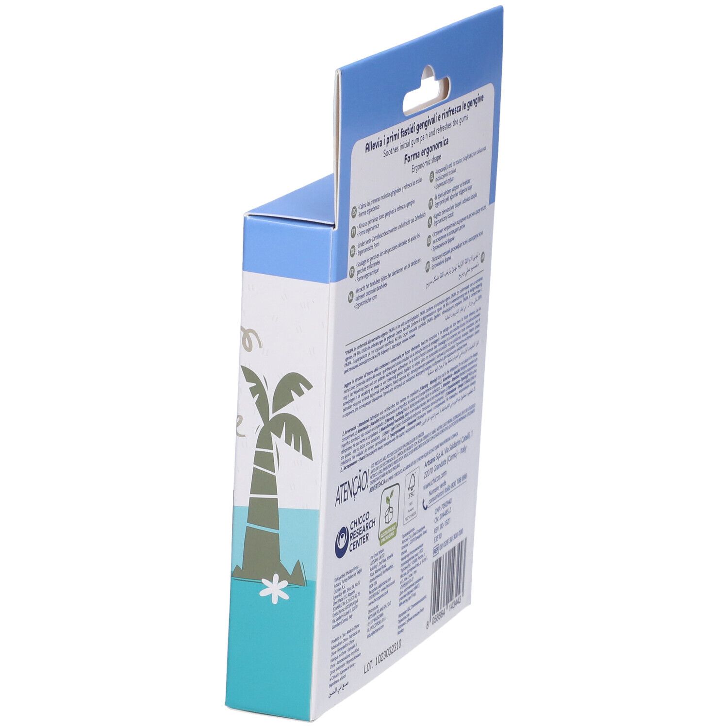 Verpackung mit Palmenmotiv und Produktinformationen.