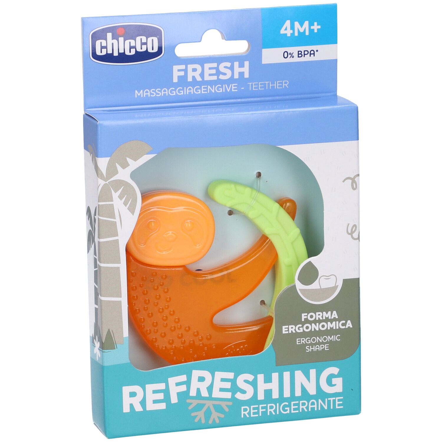 Chicco Beißring in Form eines Faultiers, orange und grün, 4M+.