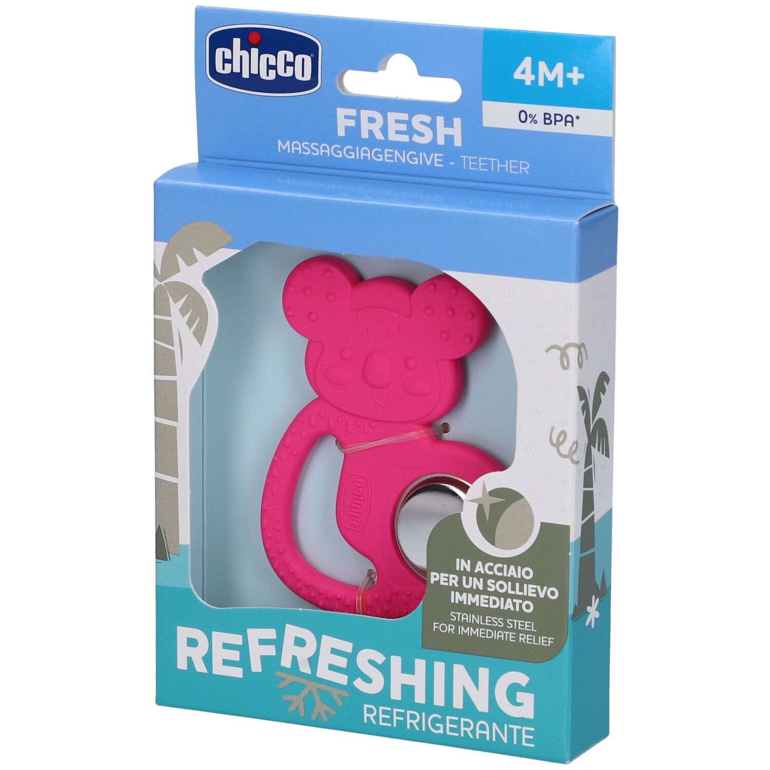 Massaggiagengive rosa Chicco Fresh in confezione. Con parte refrigerante e acciaio inox. Adatto a bambini dai 4 mesi.