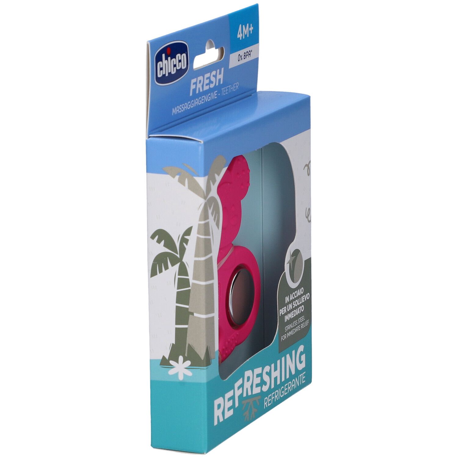 Vista laterale della confezione. Massaggiagengive rosa Chicco Fresh. Con parte refrigerante e acciaio inox.