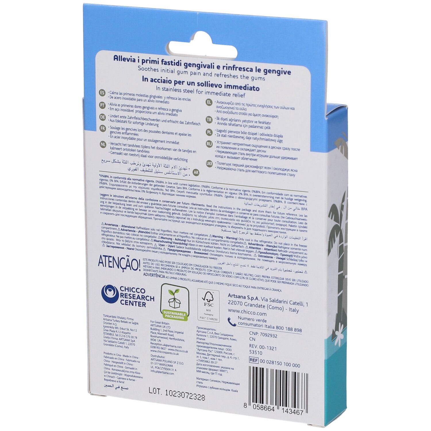 Retro della confezione. Testo multilingue. Marchio Chicco. Informazioni sull'uso e ingredienti.