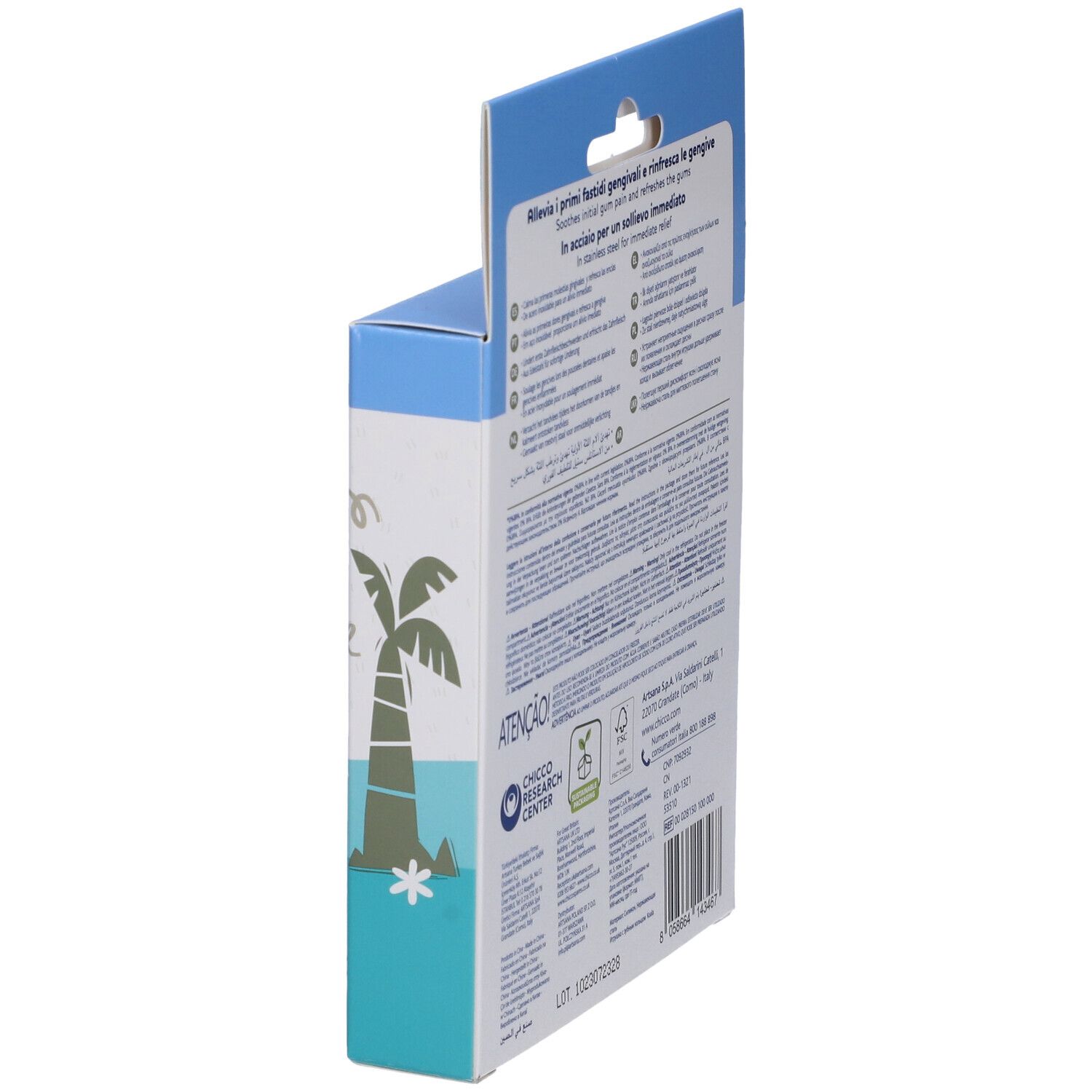 Vista laterale della confezione. Testo multilingue. Marchio Chicco. Informazioni sull'uso e ingredienti.