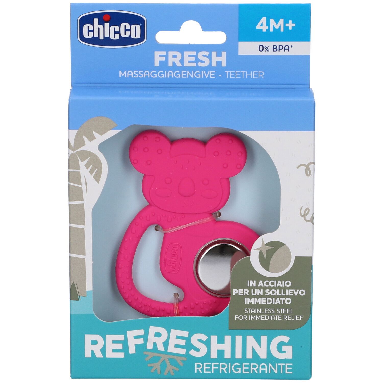 Massaggiagengive rosa Chicco Fresh in confezione. Con parte refrigerante e acciaio inox. Adatto a bambini dai 4 mesi.