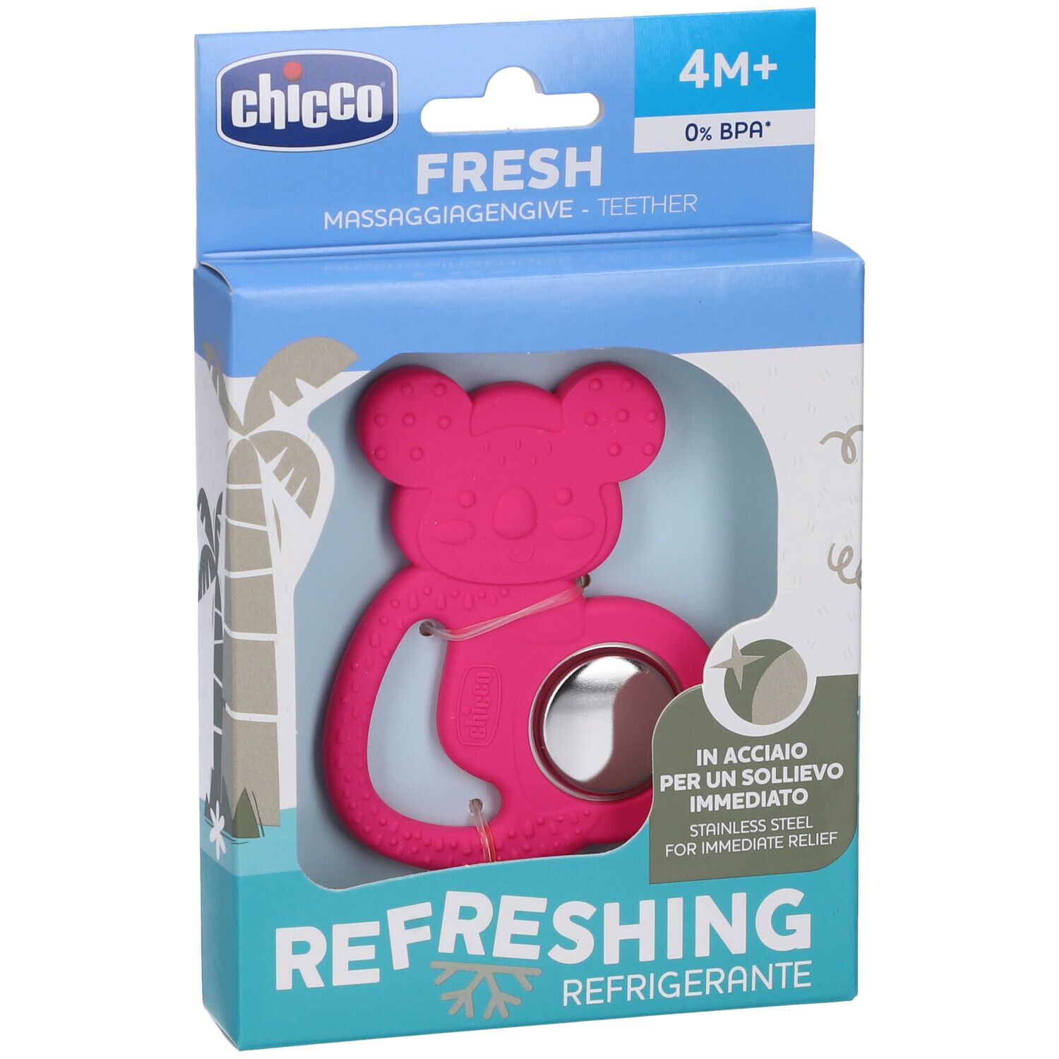 Massaggiagengive rosa Chicco Fresh in confezione. Con parte refrigerante e acciaio inox. Adatto a bambini dai 4 mesi.