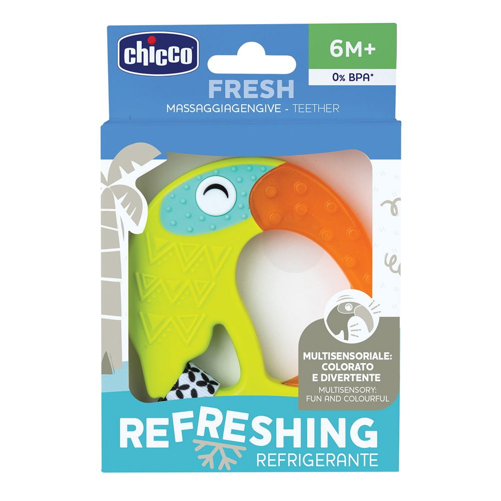 Chicco Massaggia Fresh Funny 6m+ in confezione. Verde, arancione e blu. Forma di tucano. Multisensoriale.