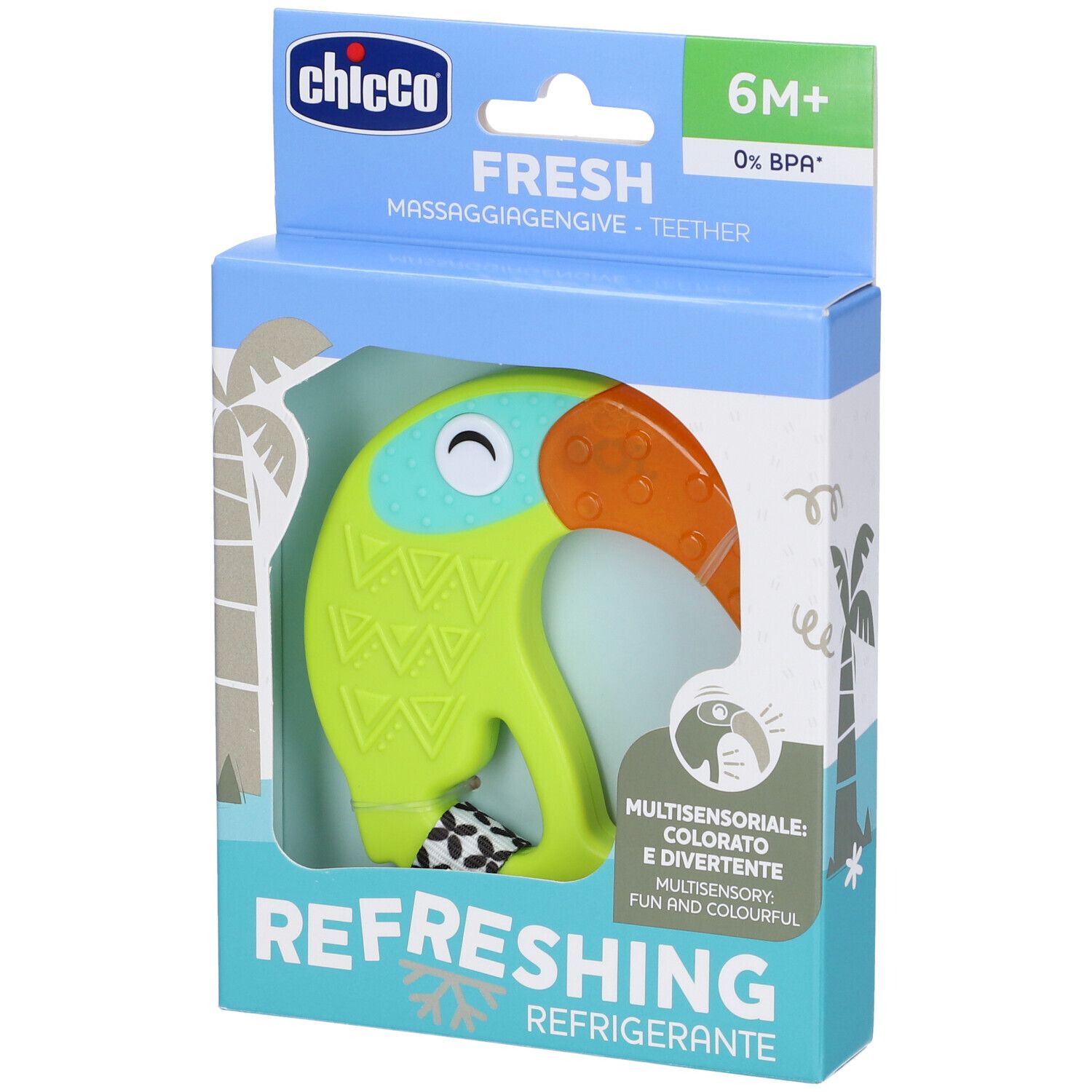 Chicco Massaggia Fresh Funny 6m+ in confezione. Verde, arancione e blu. Forma di tucano. Multisensoriale.