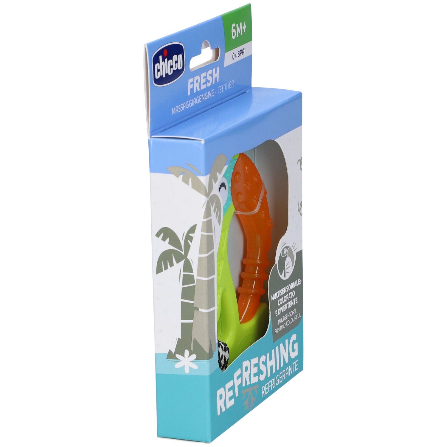 Chicco Massaggia Fresh Funny 6m+ in confezione. Verde, arancione e blu. Forma di tucano. Multisensoriale.