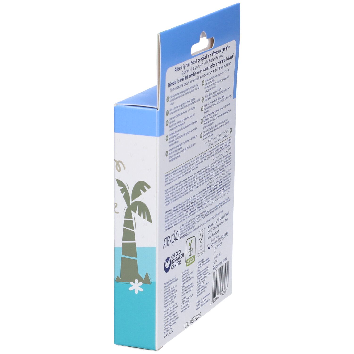 Retro confezione Chicco Massaggia Fresh Funny 6m+. Testo multilingue. Logo e informazioni.