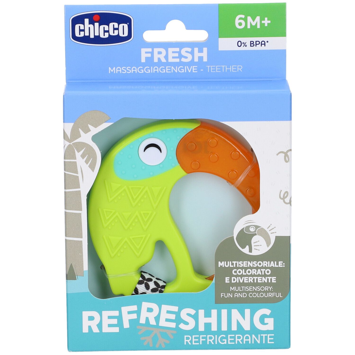 Chicco Massaggia Fresh Funny 6m+ in confezione. Verde, arancione e blu. Forma di tucano. Multisensoriale.