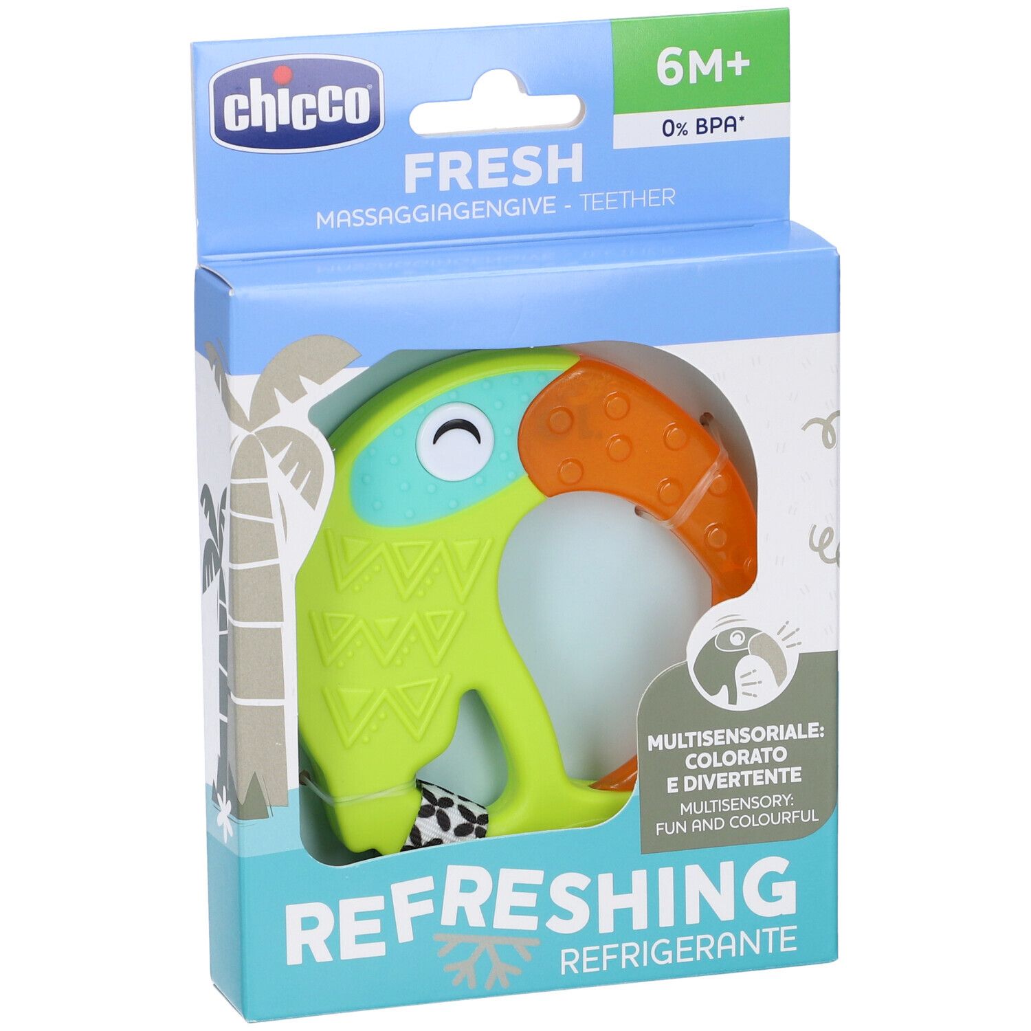 Chicco Massaggia Fresh Funny 6m+ in confezione. Verde, arancione e blu. Forma di tucano. Multisensoriale.
