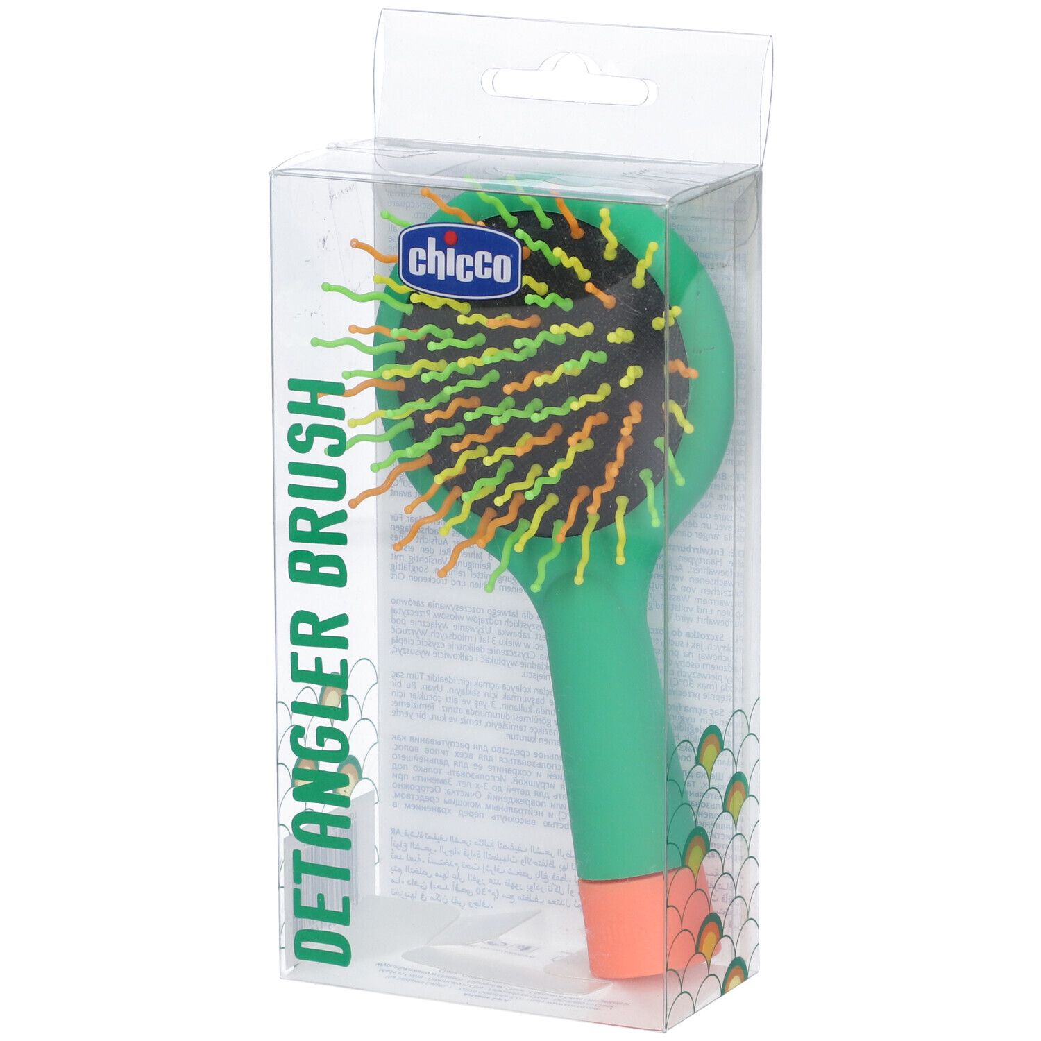 Spazzola verde con setole arancioni e gialle. In confezione trasparente. Marchio Chicco.