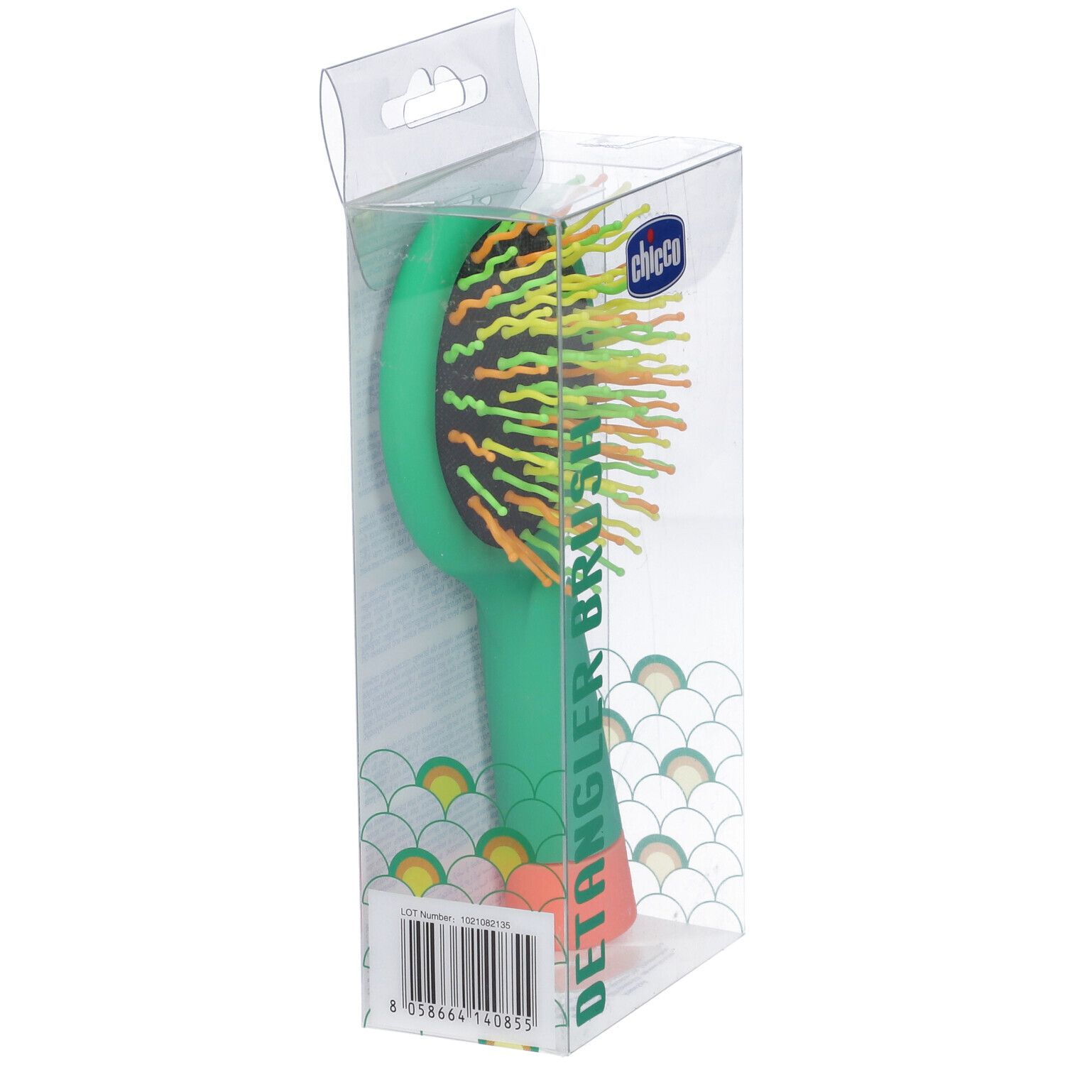 Spazzola verde con setole arancioni e gialle. In confezione trasparente. Marchio Chicco.