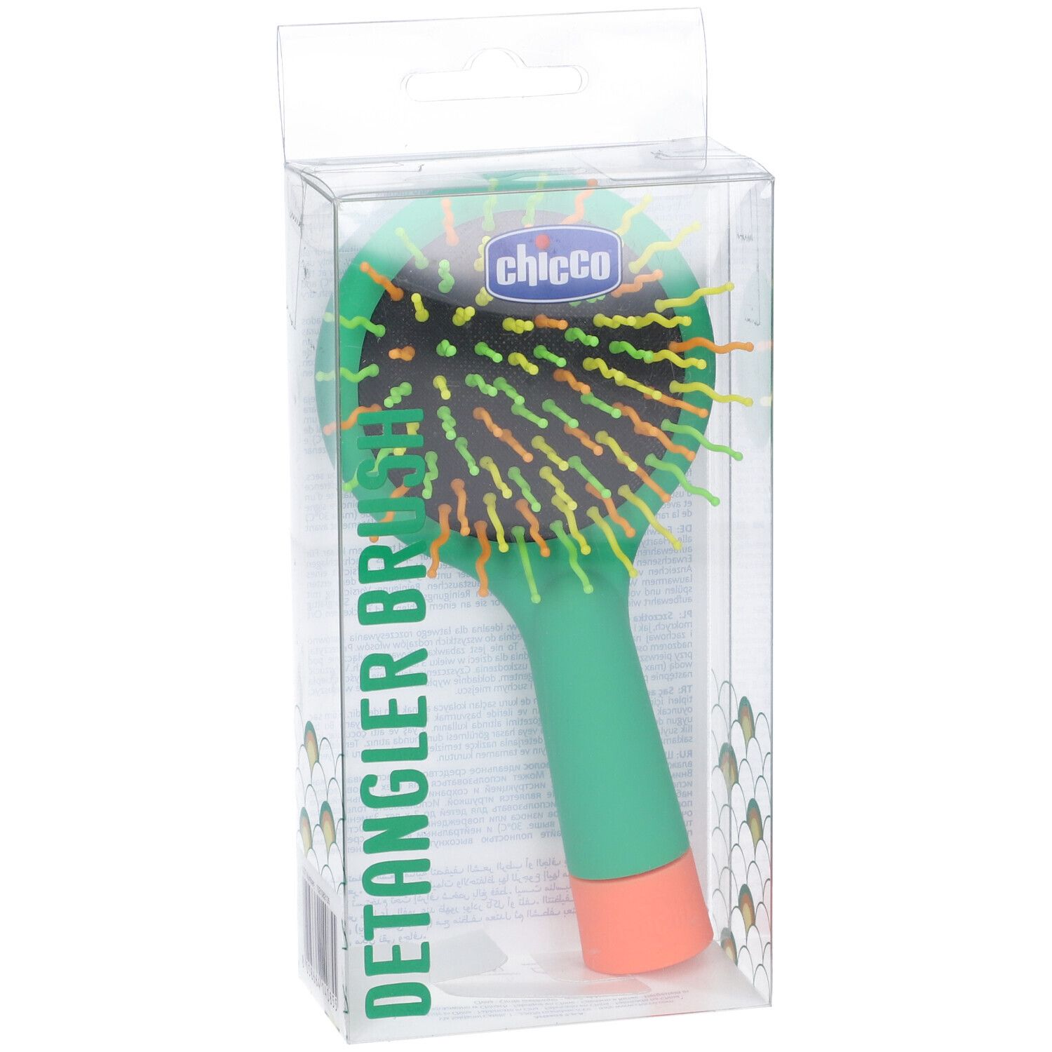 Spazzola verde con setole arancioni e gialle. In confezione trasparente. Marchio Chicco.