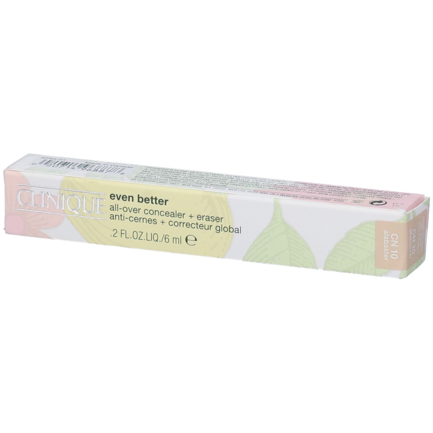 Confezione Clinique Even Better. Bianca, rosa, gialla e verde. Testo: Even Better, all-over concealer + eraser anti-occhiaie.