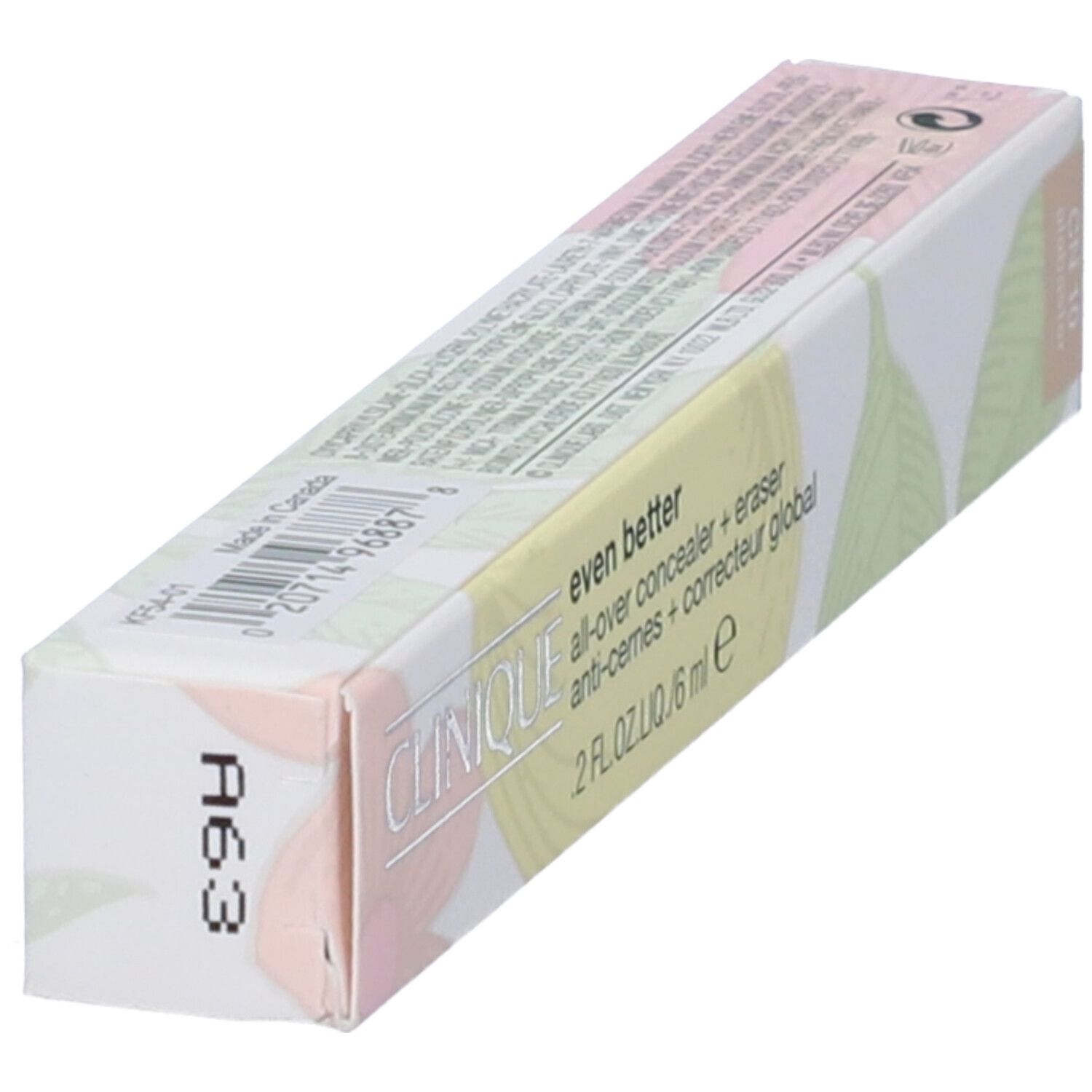 Confezione Clinique Even Better. Bianca, rosa, gialla e verde. Testo: Even Better, all-over concealer + eraser. Codice A63.