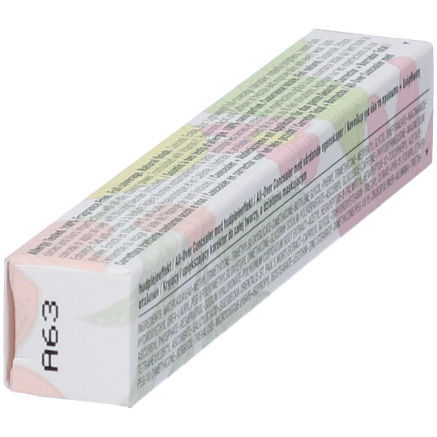 Retro confezione Clinique Even Better. Testo: Ingredienti, all-over concealer + eraser, correttore globale. Codice A63.