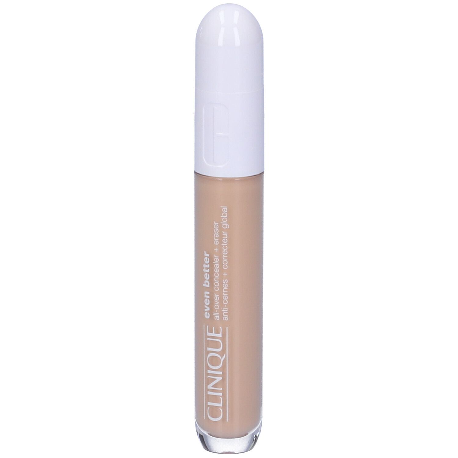 Clinique Even Better Concealer. Coperchio bianco, stick beige. Testo: Even Better, all-over concealer + eraser.