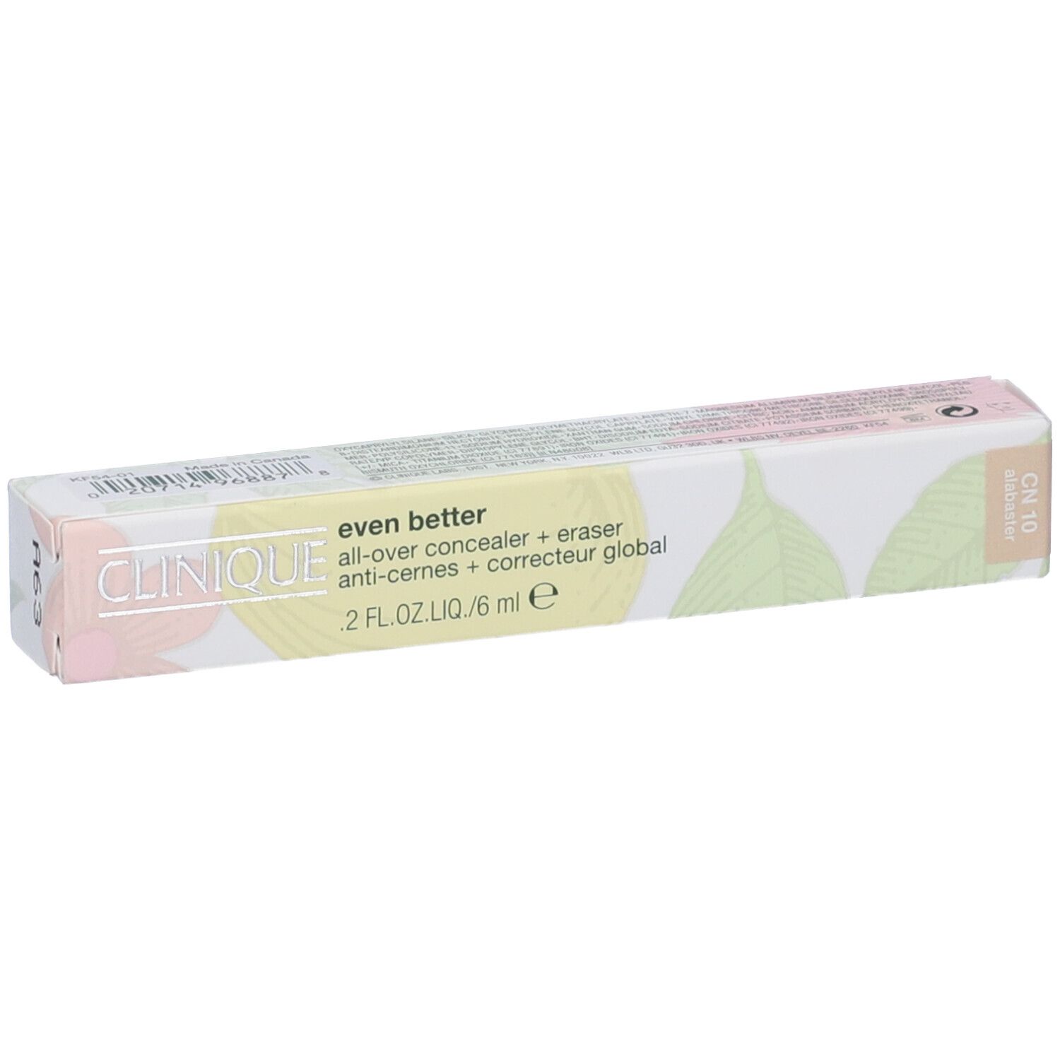 Confezione Clinique Even Better. Bianca, rosa, gialla e verde. Testo: Even Better, all-over concealer + eraser anti-occhiaie.