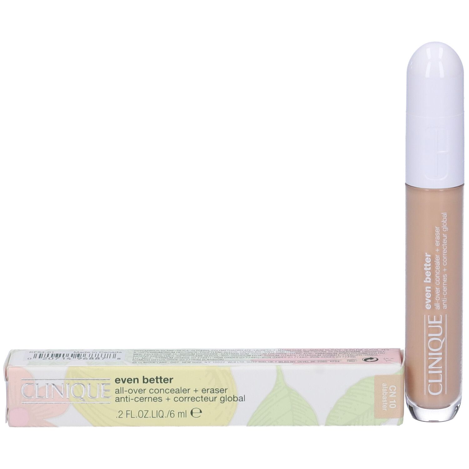 Clinique Even Better Concealer e confezione. Coperchio bianco, stick beige. Testo: Even Better, all-over concealer + eraser.