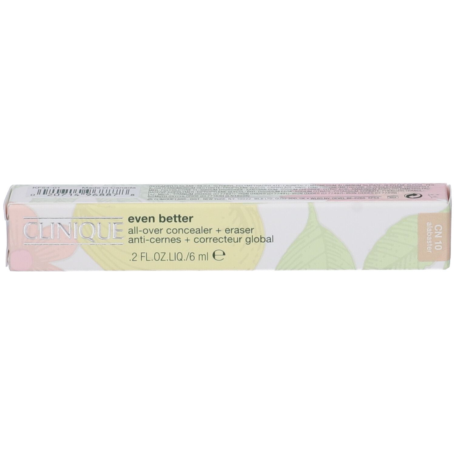 Confezione Clinique Even Better. Bianca, rosa, gialla e verde. Testo: Even Better, all-over concealer + eraser anti-occhiaie.